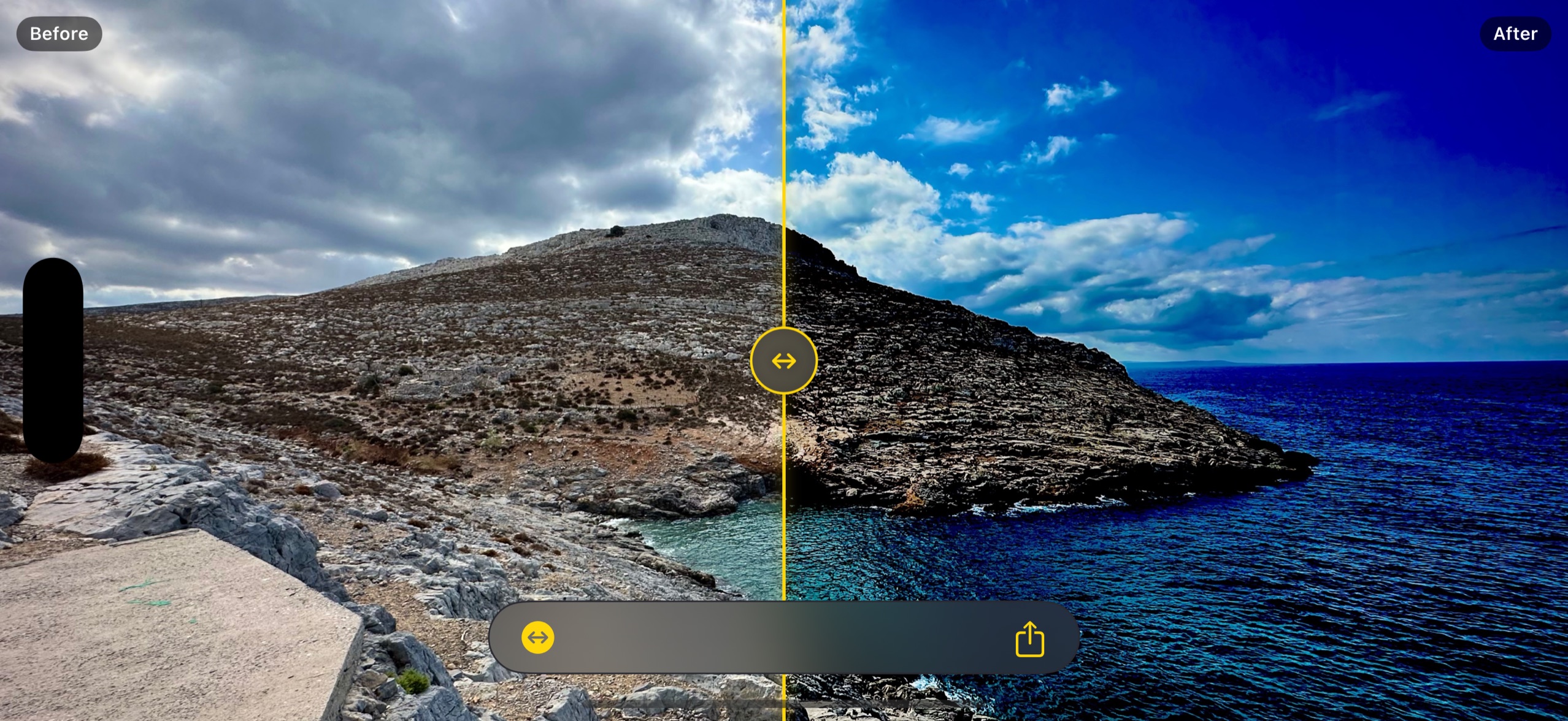 Zeus Enhance comparing before and after in landscape on iPhone