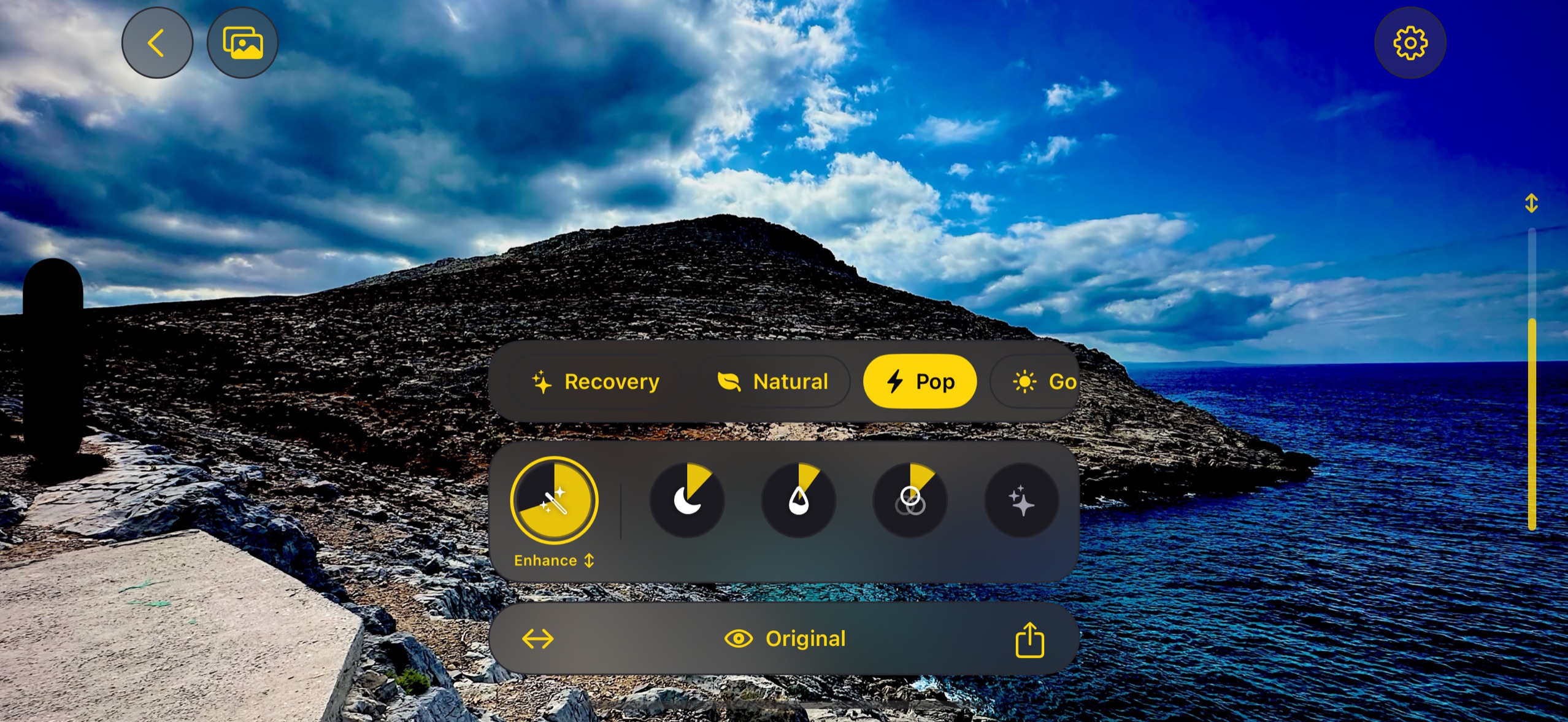 Zeus Enhance comparing a landscape seascape before and after on iPhone