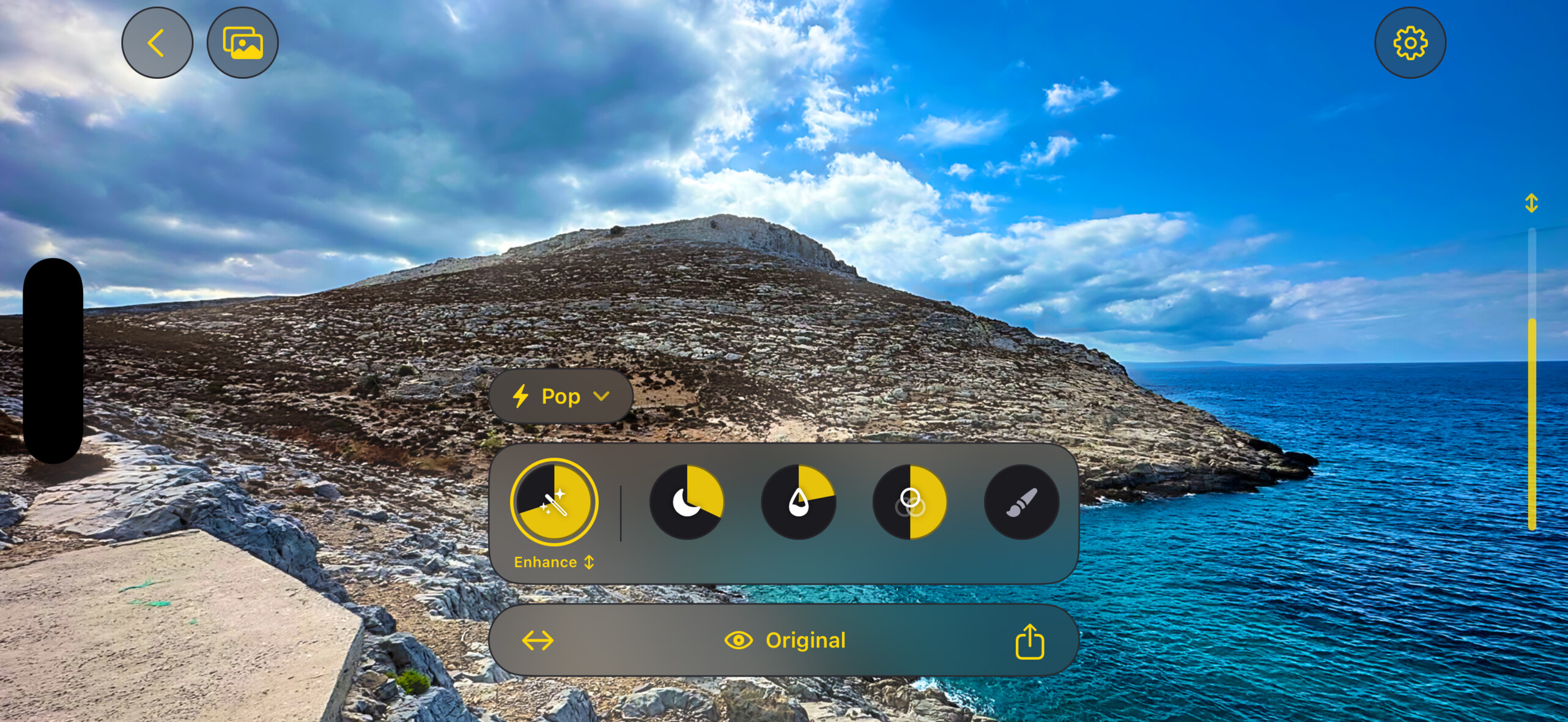 Zeus Enhance 1.2.0 controls arranged for landscape orientation on iPhone