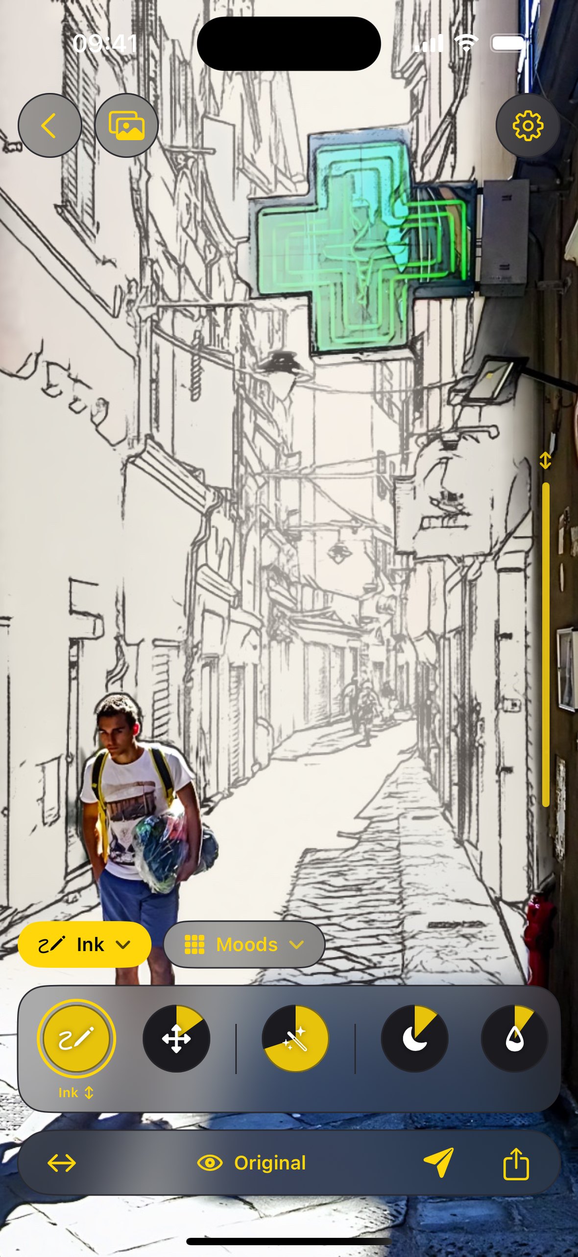 Zeus Enhance on iPhone: a Genoa alley turning into an ink sketch behind a real walker