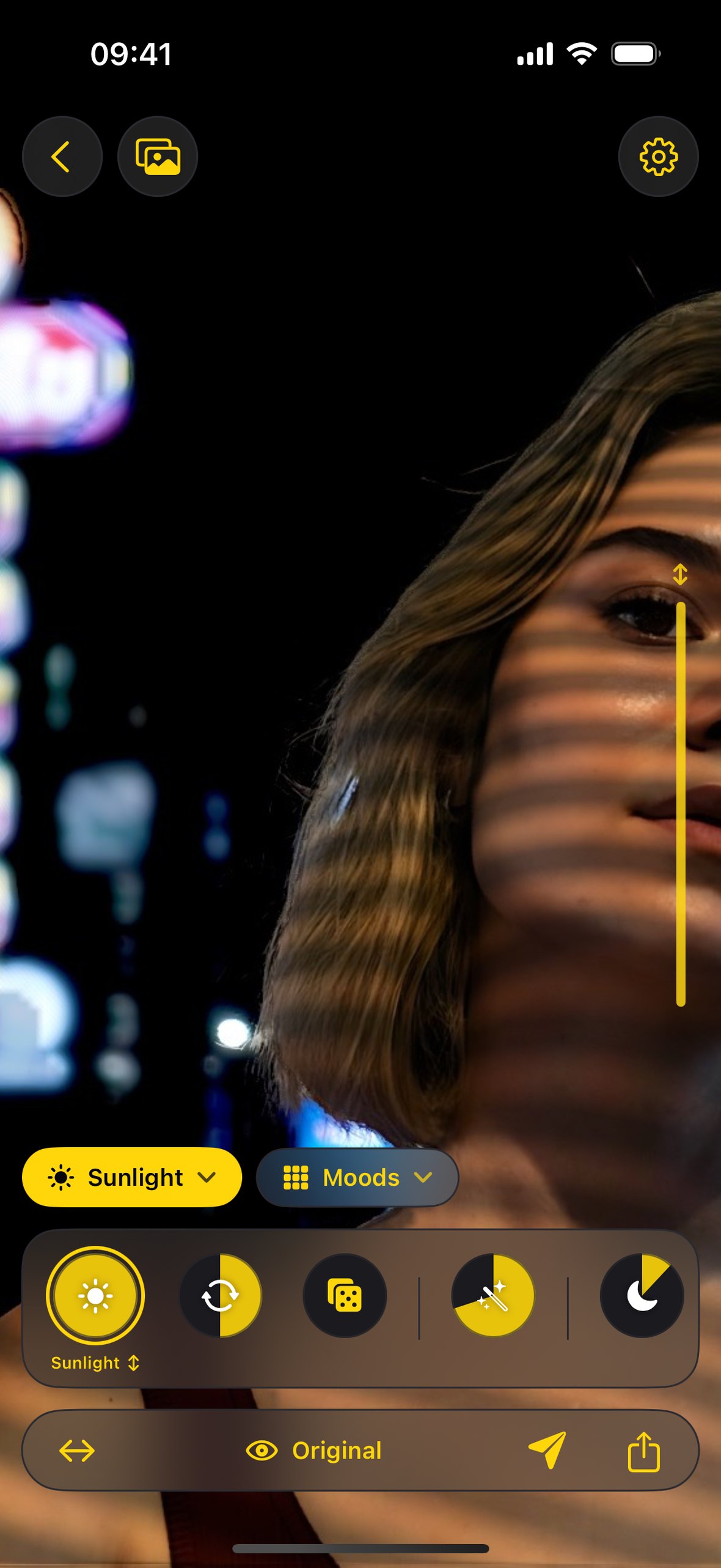 Zeus Enhance on iPhone: sunlight through blinds falling across a portrait at night